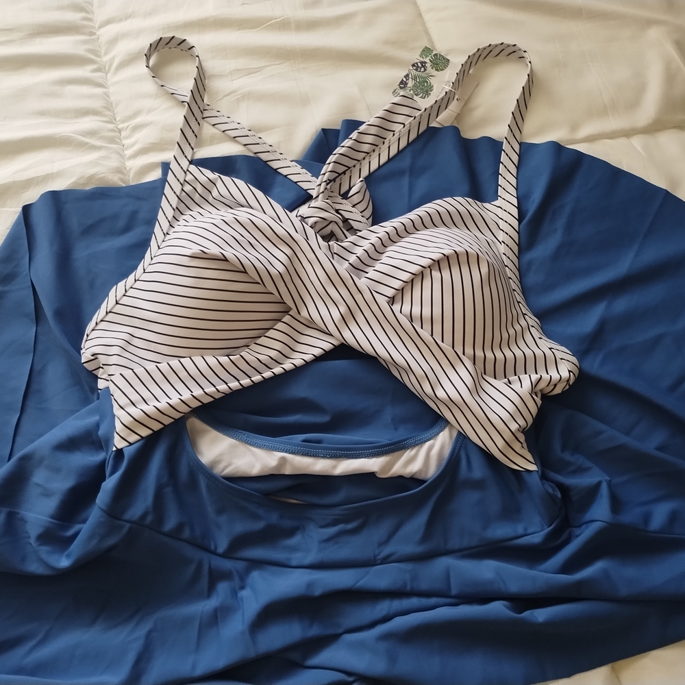 Striped Bikini Top with Blue Cover-Up